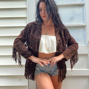 1950S TRUE VINTAGE RARE JOO KAY LEATHER CHOCOLATE BROWN FRINGE WESTERN COAT